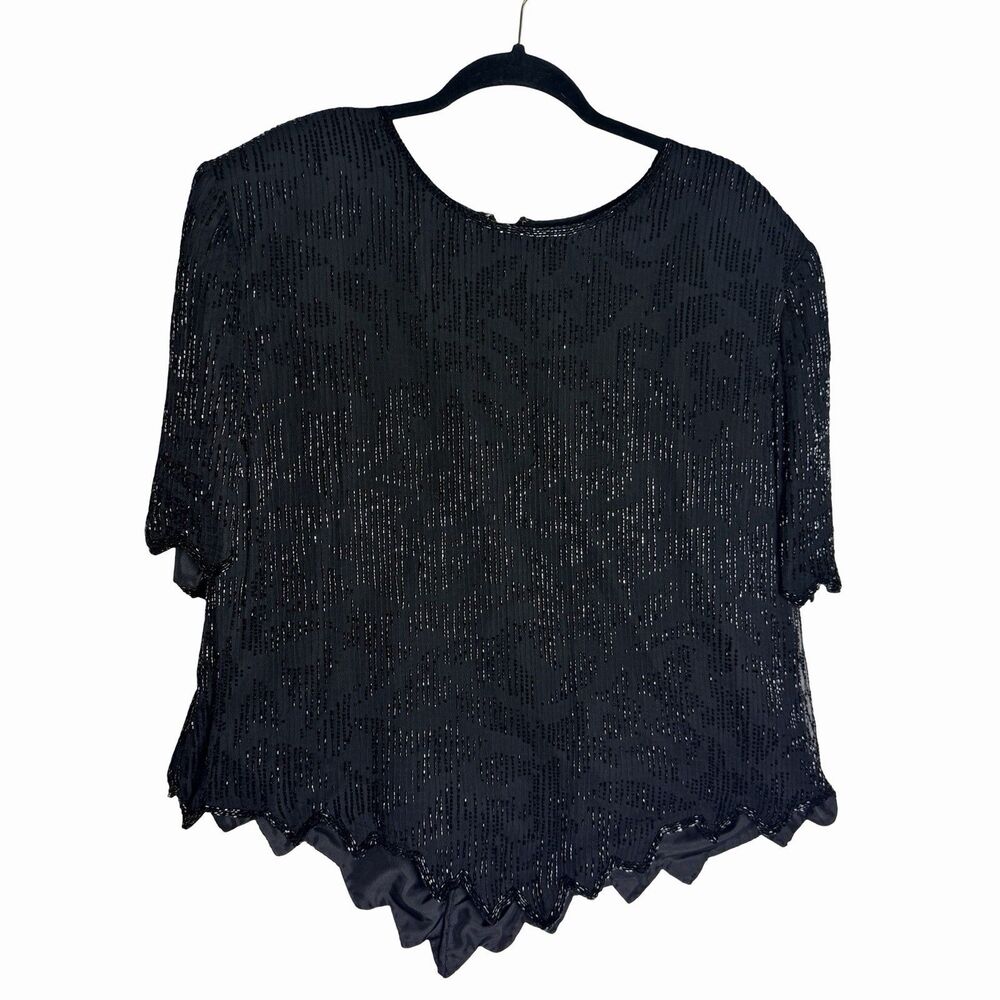 Lawrence Kazar 100% Silk Top Blouse Black Women's Plus Size 3X Sequin Vintage